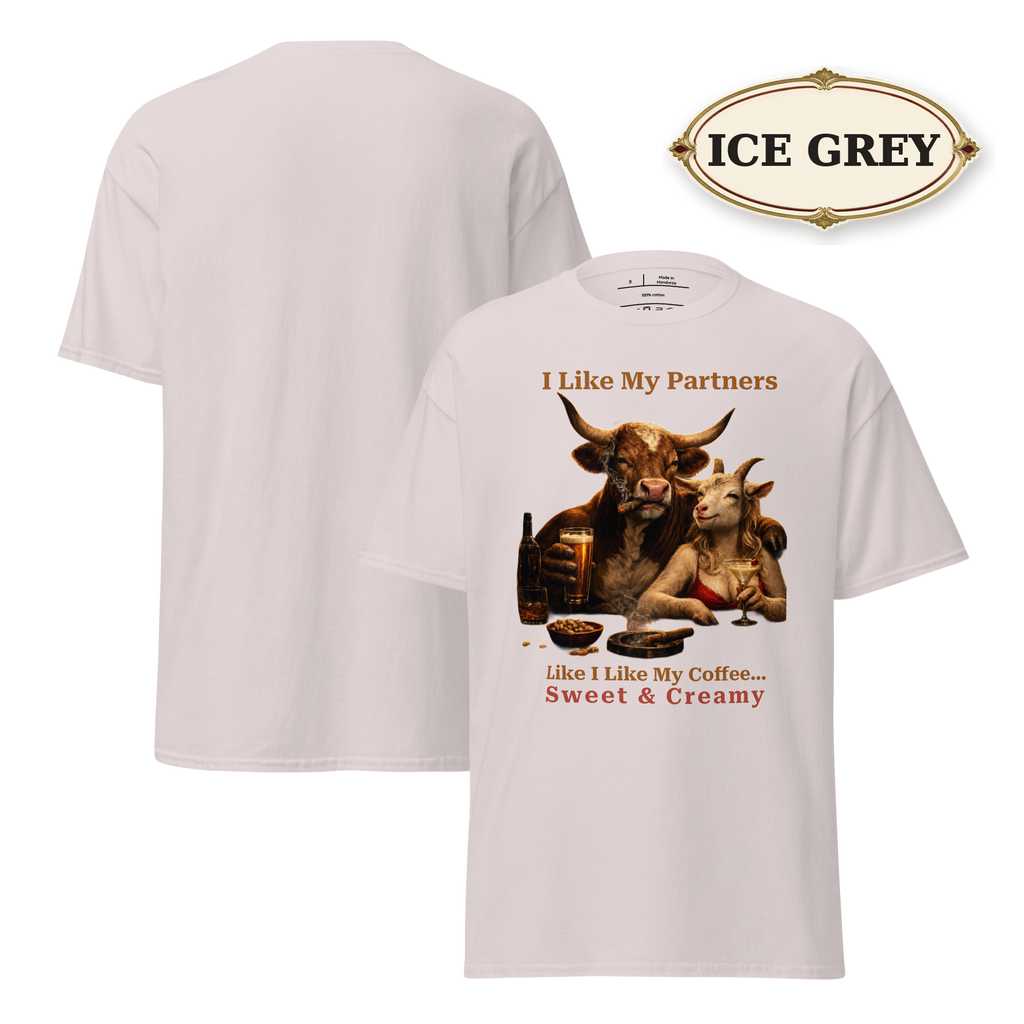 Funny Bull and Goat Coffee T-Shirt, Sweet and Creamy Partners Tee, Farm Animal Humor Gift, Unisex Graphic Shirt