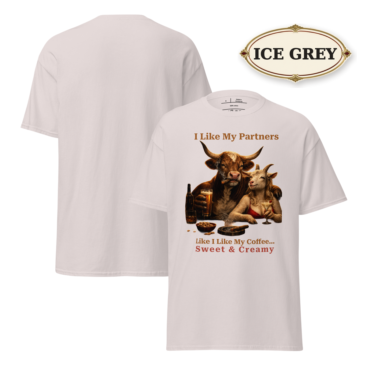 Funny Bull and Goat Coffee T-Shirt, Sweet and Creamy Partners Tee, Farm Animal Humor Gift, Unisex Graphic Shirt