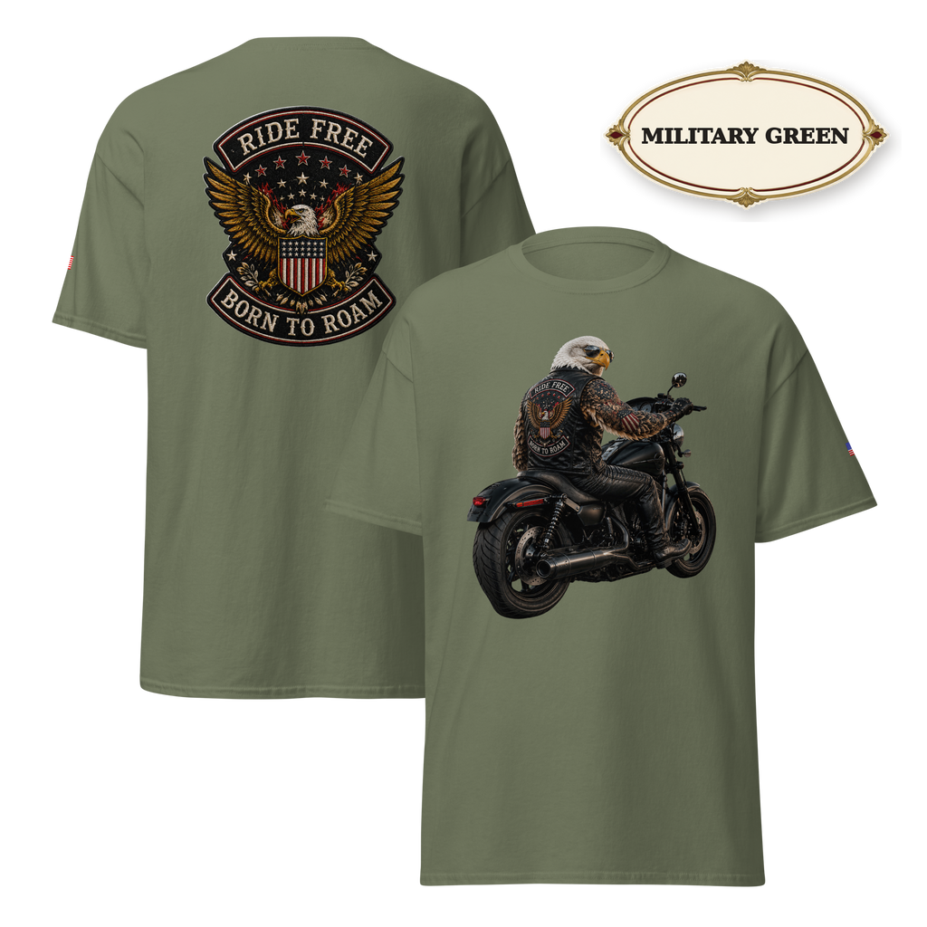 Ride Free Born to Roam Biker Shirt, Patriotic Eagle Motorcycle T-Shirt, American Flag Graphic Tee, Unisex Rider Gift