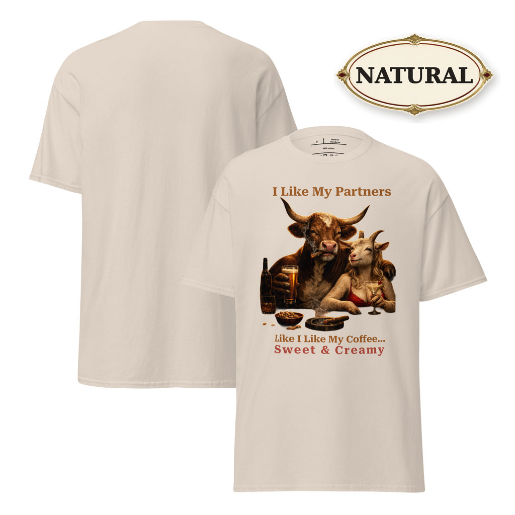 Funny Bull and Goat Coffee T-Shirt, Sweet and Creamy Partners Tee, Farm Animal Humor Gift, Unisex Graphic Shirt