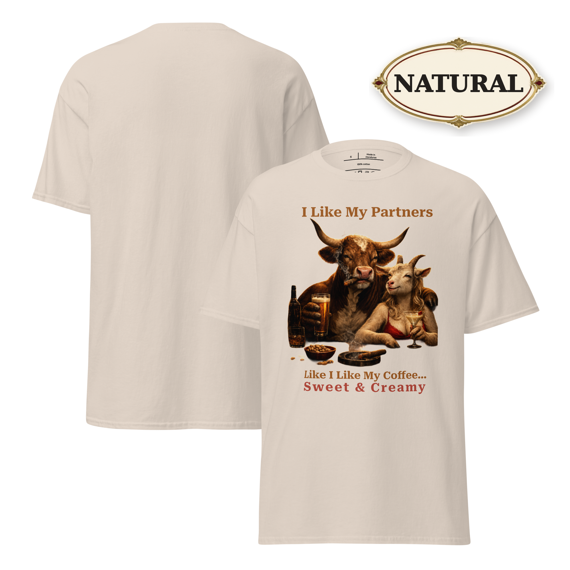Funny Bull and Goat Coffee T-Shirt, Sweet and Creamy Partners Tee, Farm Animal Humor Gift, Unisex Graphic Shirt