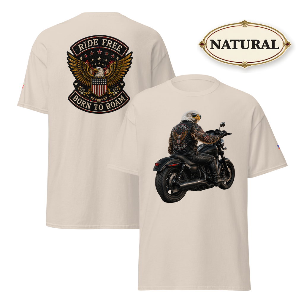 Ride Free Born to Roam Biker Shirt, Patriotic Eagle Motorcycle T-Shirt, American Flag Graphic Tee, Unisex Rider Gift