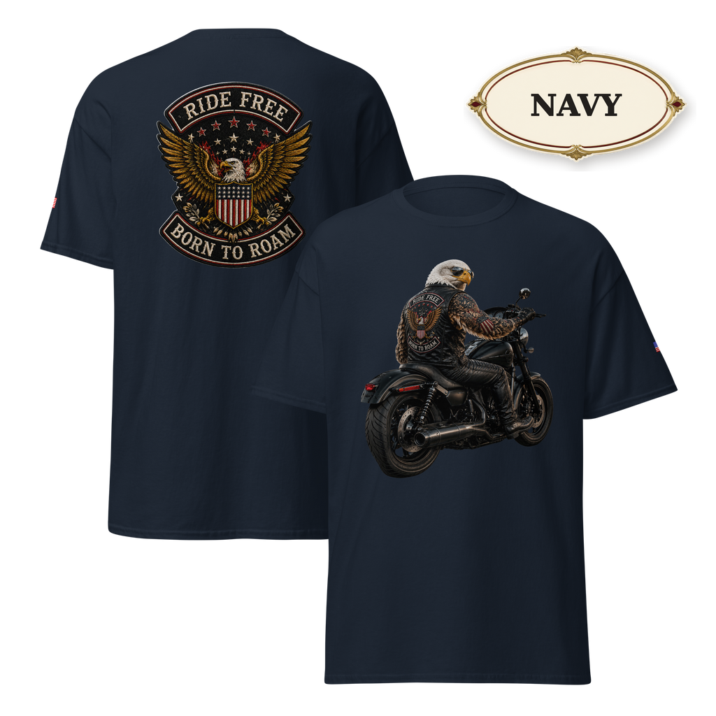 Ride Free Born to Roam Biker Shirt, Patriotic Eagle Motorcycle T-Shirt, American Flag Graphic Tee, Unisex Rider Gift