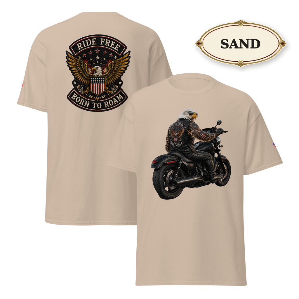 Ride Free Born to Roam Biker Shirt, Patriotic Eagle Motorcycle T-Shirt, American Flag Graphic Tee, Unisex Rider Gift