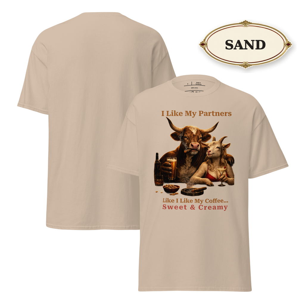 Funny Bull and Goat Coffee T-Shirt, Sweet and Creamy Partners Tee, Farm Animal Humor Gift, Unisex Graphic Shirt