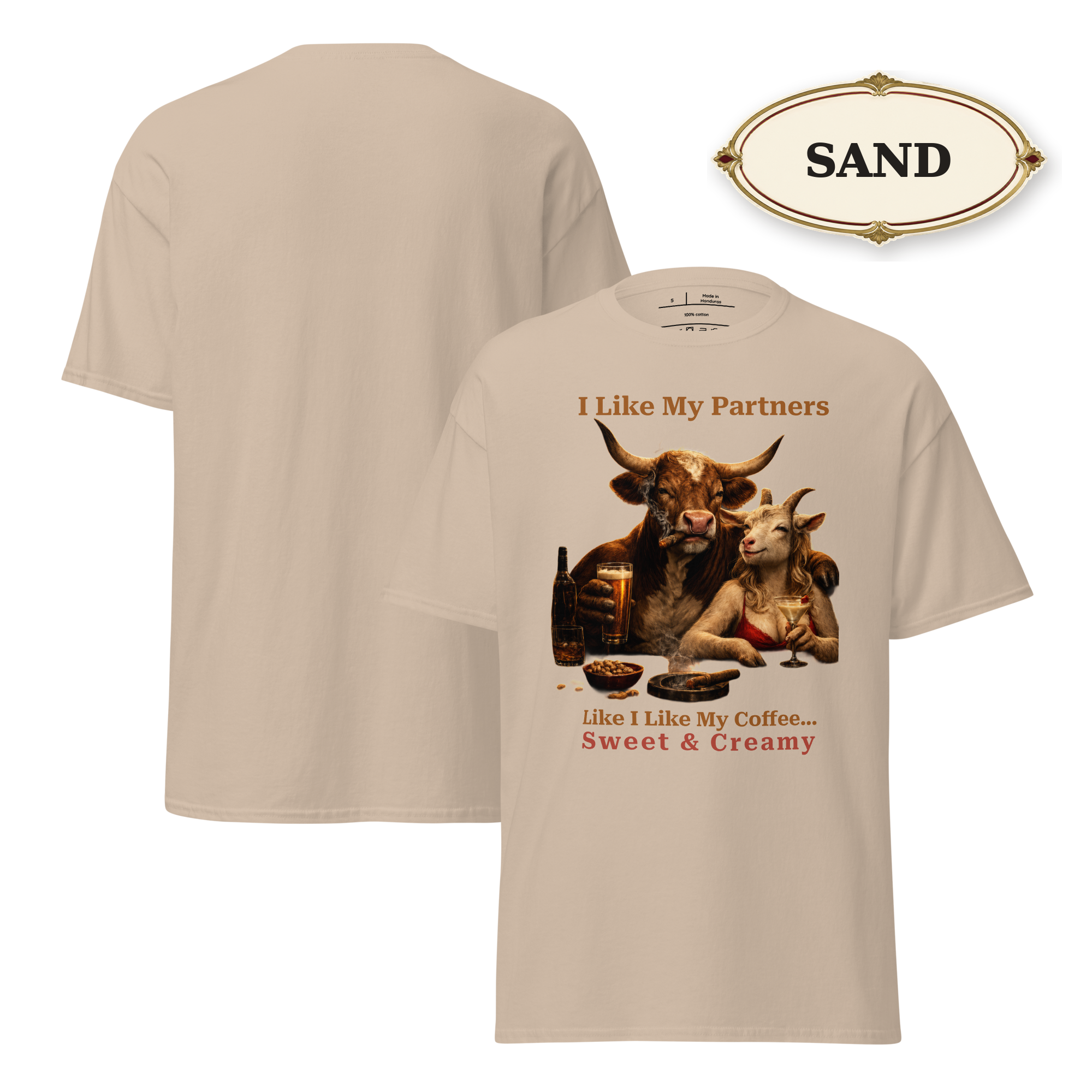 Funny Bull and Goat Coffee T-Shirt, Sweet and Creamy Partners Tee, Farm Animal Humor Gift, Unisex Graphic Shirt
