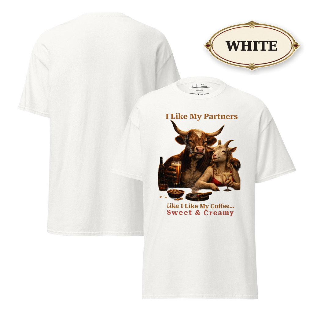 Funny Bull and Goat Coffee T-Shirt, Sweet and Creamy Partners Tee, Farm Animal Humor Gift, Unisex Graphic Shirt