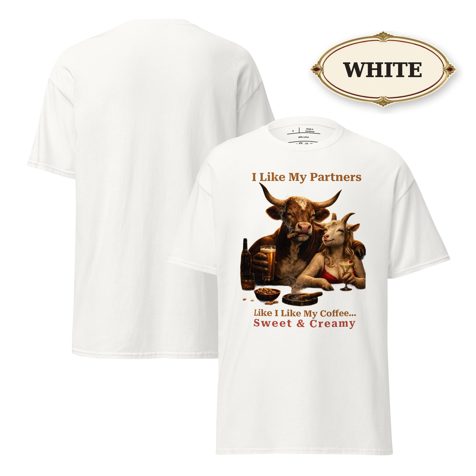 Funny Bull and Goat Coffee T-Shirt, Sweet and Creamy Partners Tee, Farm Animal Humor Gift, Unisex Graphic Shirt