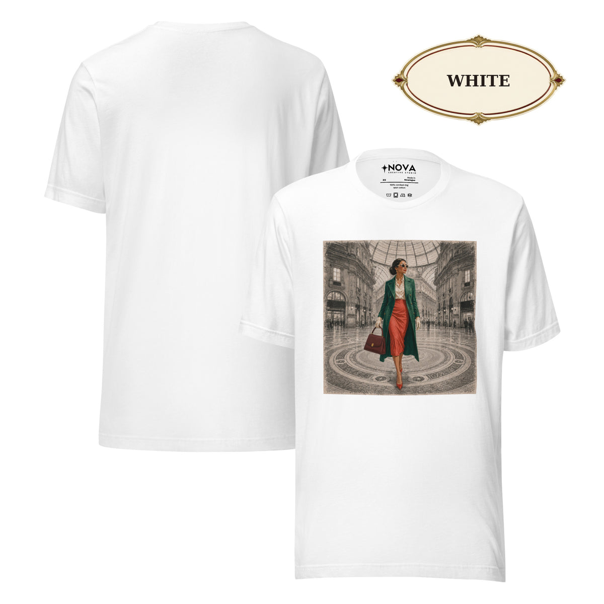 Milan Italy T-Shirt, Elegant Woman at Galleria Vittorio Emanuele II