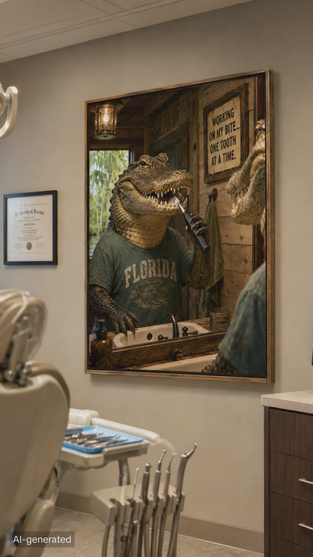 Funny Alligator Bathroom Poster. Working on My Bite Wall Art for Dentist Office Decor