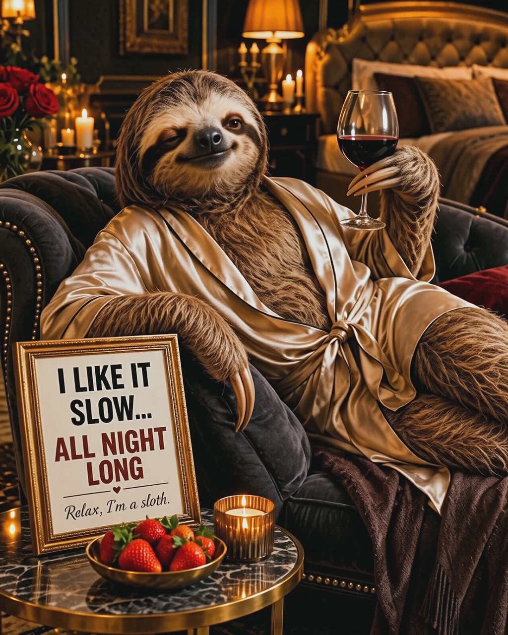 Funny Sloth Wine Poster, Luxury Bar Lounge Wall Decor with Adult Humor