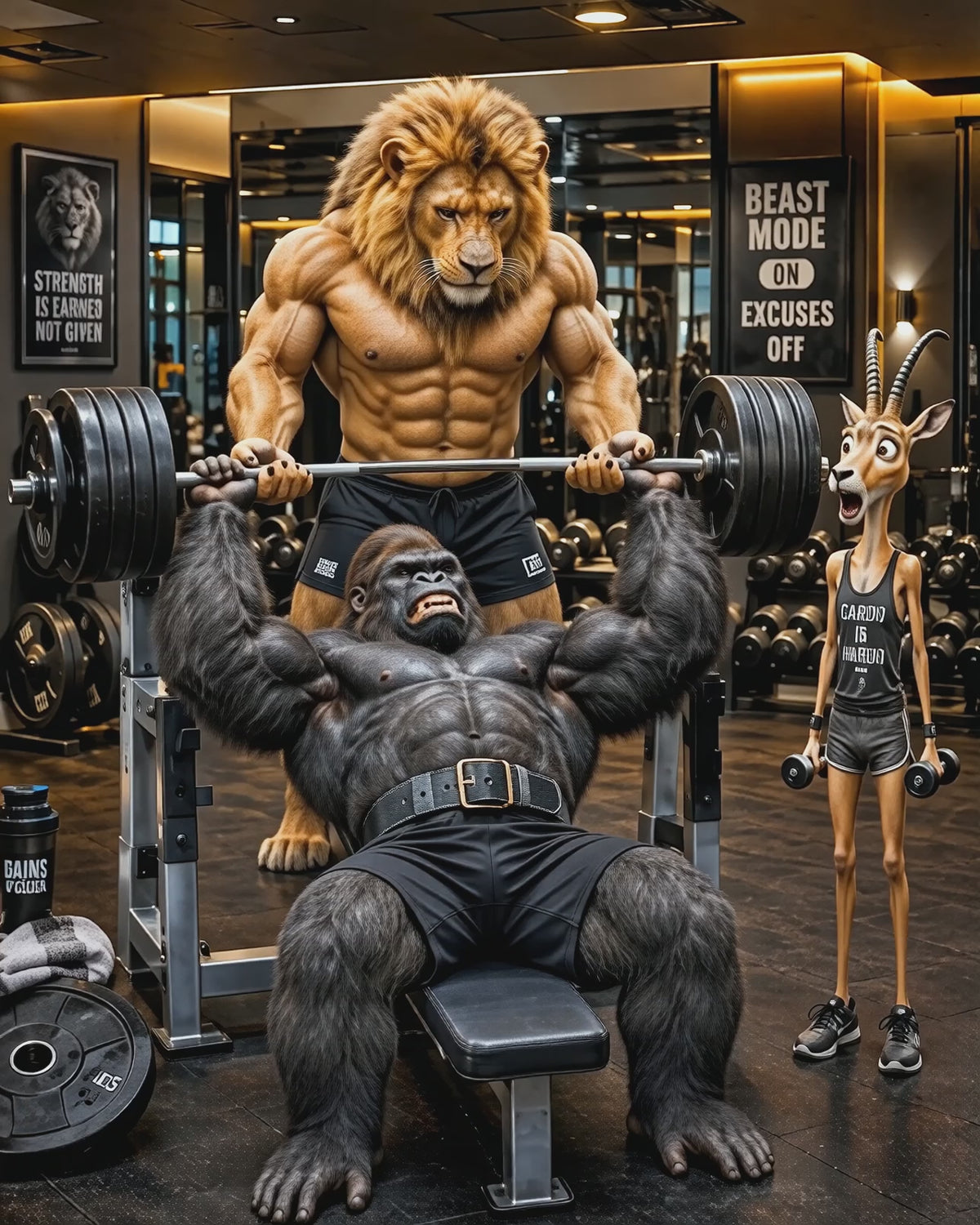 Funny Gorilla Bench Press Poster, Lion Spotter Fitness Wall Art, Workout Animal Print