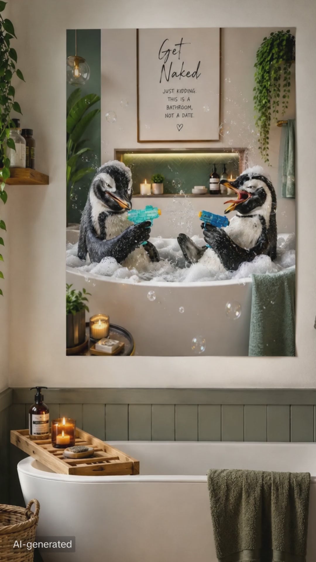 Funny Penguin Bathroom Poster, Get Naked Just Kidding Wall Art