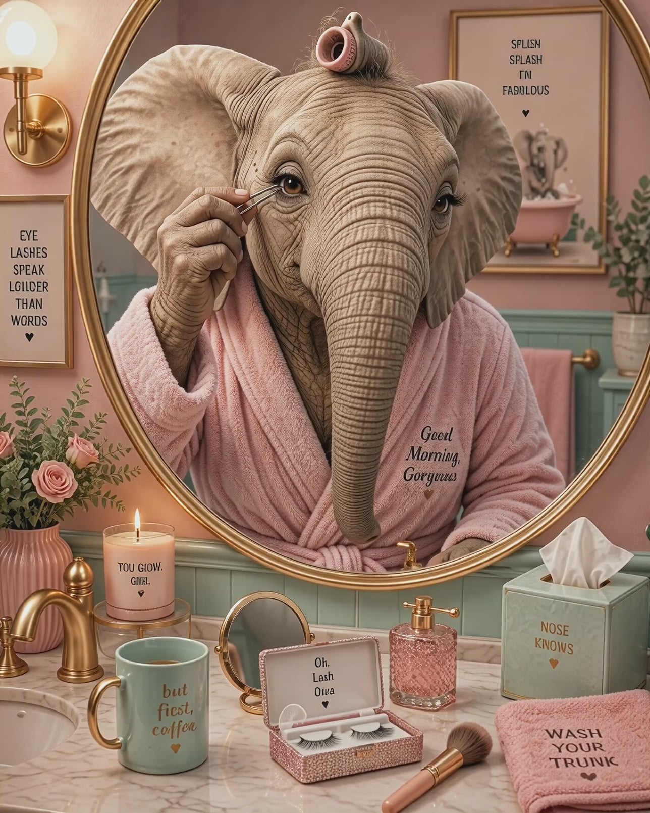 Impression murale éléphant premium, décoration de salle de bain amusante et affiche animale de luxe