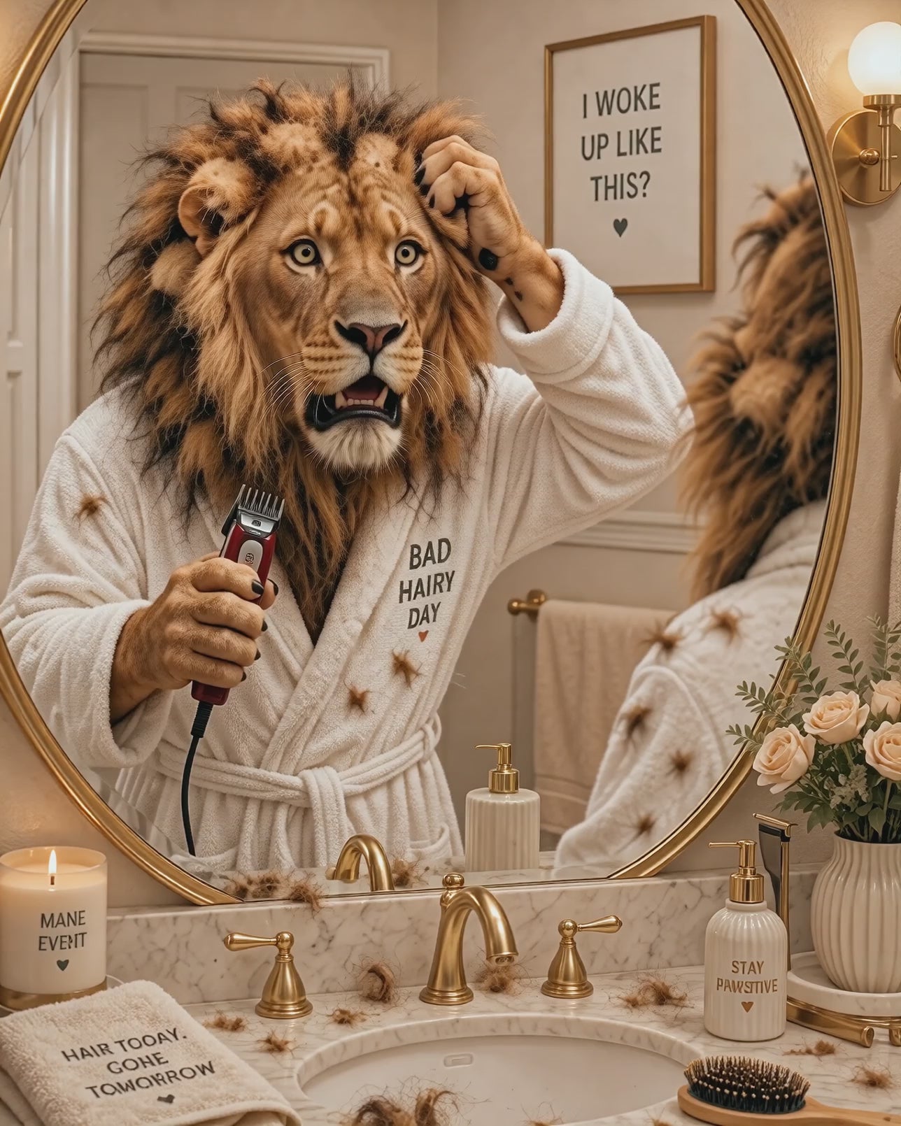 Funny Lion Bad Hair Day Poster, Humorous Animal Bathroom Art Print