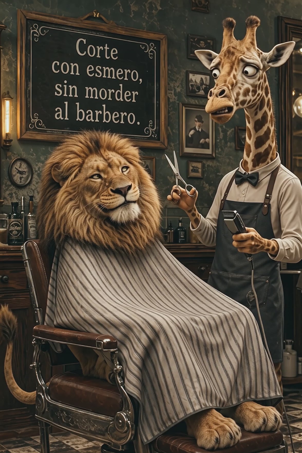 Spanish Lion Giraffe Barber Funny Animal Poster, Humorous Man Cave Wall Art