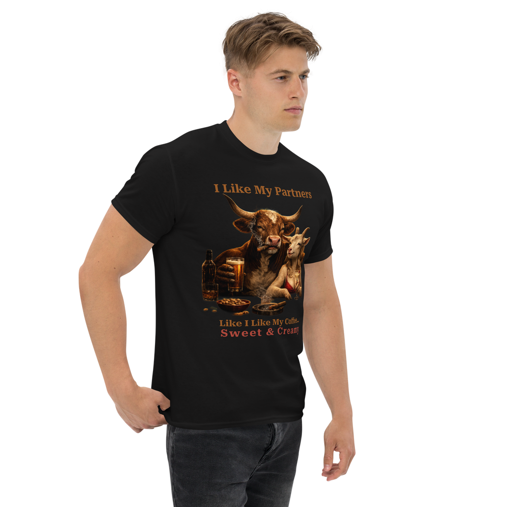 Funny Bull and Goat Coffee T-Shirt, Sweet and Creamy Partners Tee, Farm Animal Humor Gift, Unisex Graphic Shirt