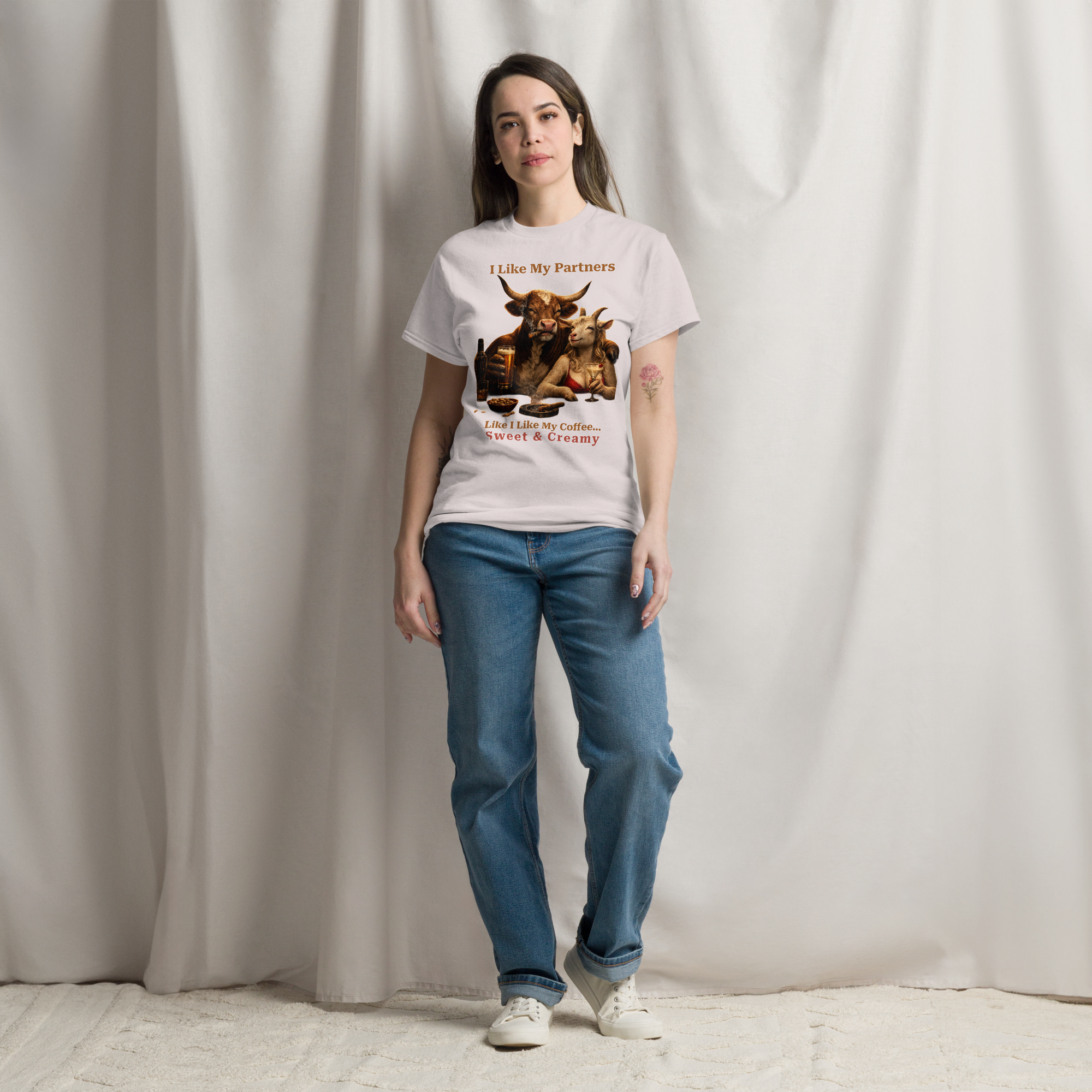 Funny Bull and Goat Coffee T-Shirt, Sweet and Creamy Partners Tee, Farm Animal Humor Gift, Unisex Graphic Shirt