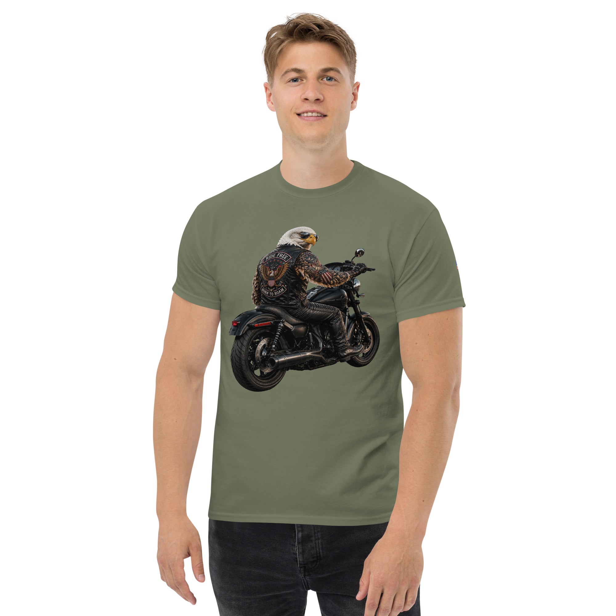 Ride Free Born to Roam Biker Shirt, Patriotic Eagle Motorcycle T-Shirt, American Flag Graphic Tee, Unisex Rider Gift