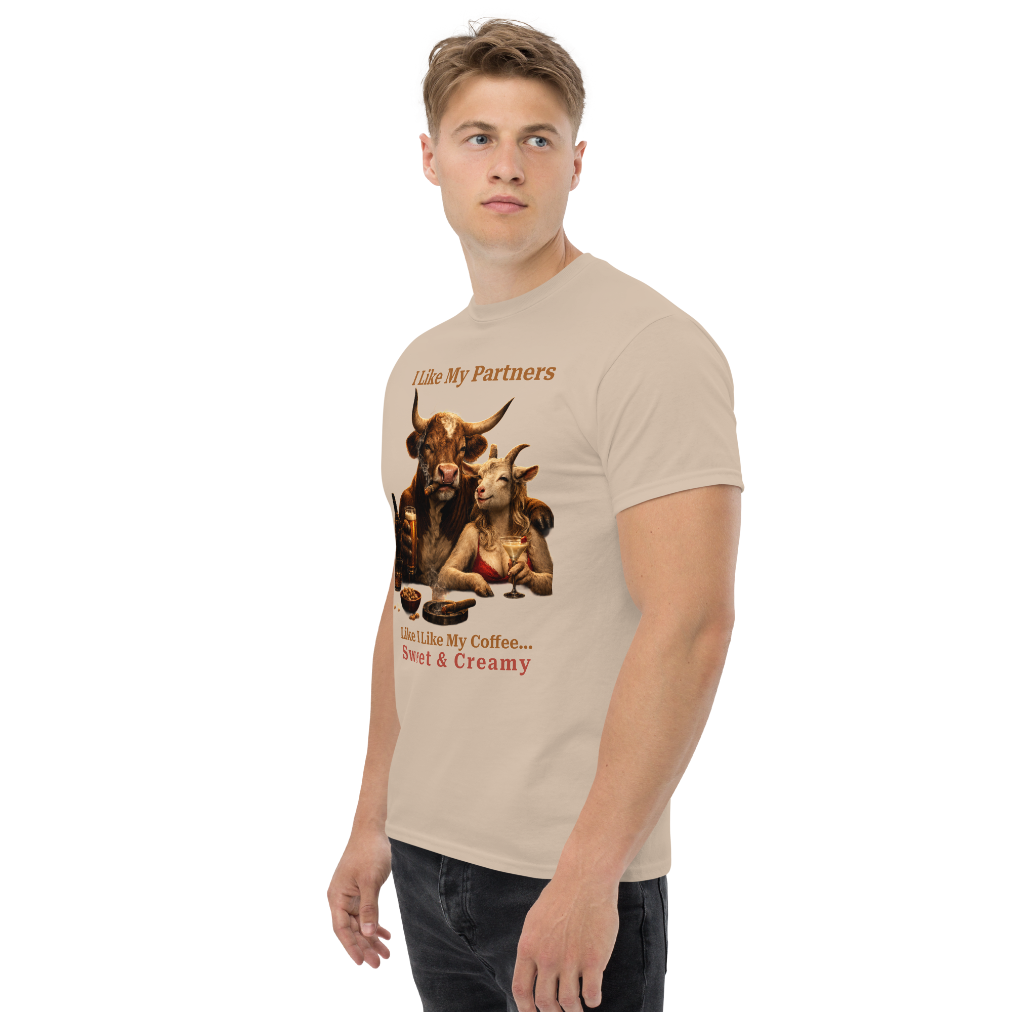 Funny Bull and Goat Coffee T-Shirt, Sweet and Creamy Partners Tee, Farm Animal Humor Gift, Unisex Graphic Shirt