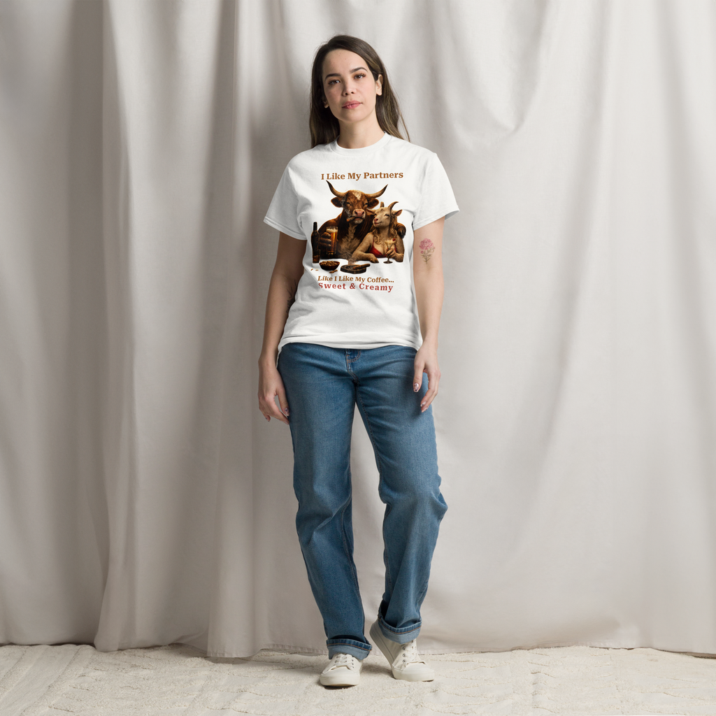 Funny Bull and Goat Coffee T-Shirt, Sweet and Creamy Partners Tee, Farm Animal Humor Gift, Unisex Graphic Shirt