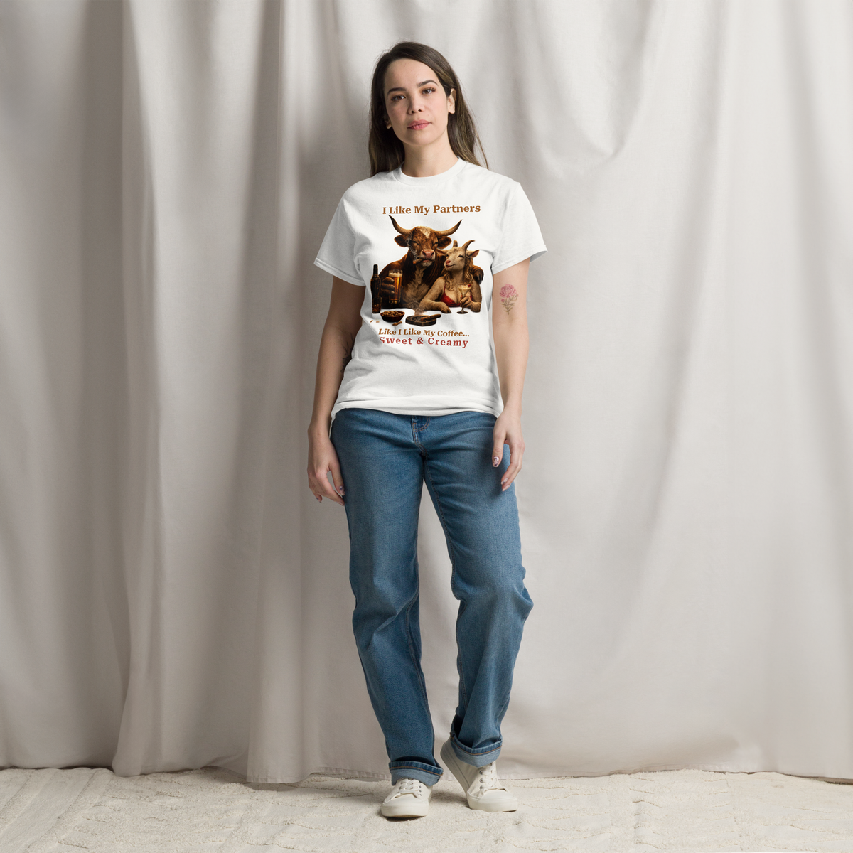 Funny Bull and Goat Coffee T-Shirt, Sweet and Creamy Partners Tee, Farm Animal Humor Gift, Unisex Graphic Shirt