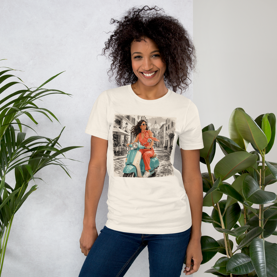 Italian Summer T-Shirt, Vintage Vespa Girl Tee, Retro Italy Travel Shirt, Mediterranean Vacation Top, Dolce Vita Graphic Tee