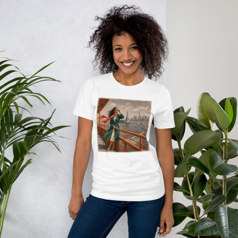 New York Ferry T-Shirt, Statue of Liberty and Manhattan Skyline Tee, NYC Harbor Travel Shirt, Gift for Her