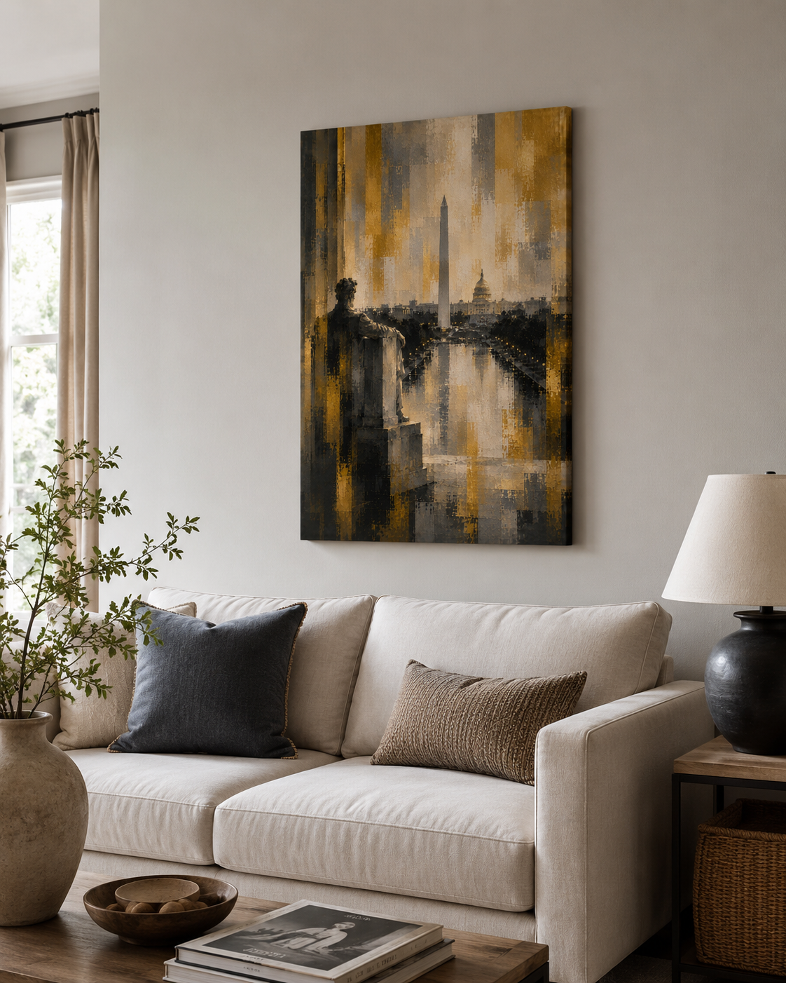 Washington DC Canvas Wall Art, Gold Black Cityscape Decor, Washington Monument Art, Capitol Building Print